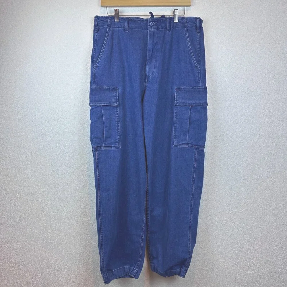 Uniqlo Slouchy Baggy Mens 32 Denim Washed Distressed Pants Streetwear Adjustable